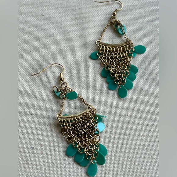 Boho Gold & Teal Chandelier Earrings - Picture 4 of 4